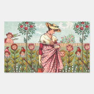 Sticker Rectangulaire Jardin Cultivation Flower Woman Art Antique