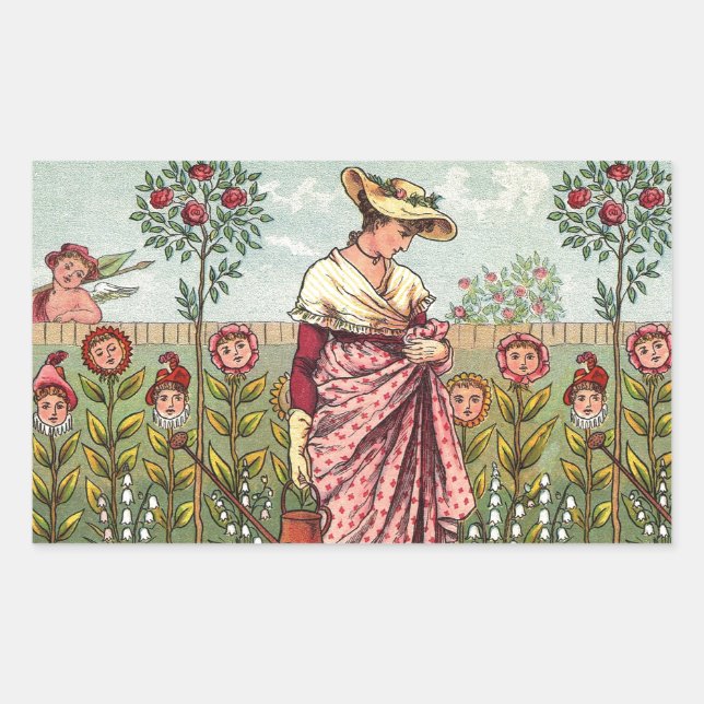 Sticker Rectangulaire Jardin Cultivation Flower Woman Art Antique (Devant)