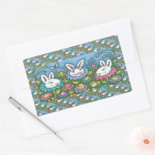 STICKER RECTANGULAIRE JARDIN D'OEUFS DE PÂQUES BLANCS, FLEURS DE RABBIT