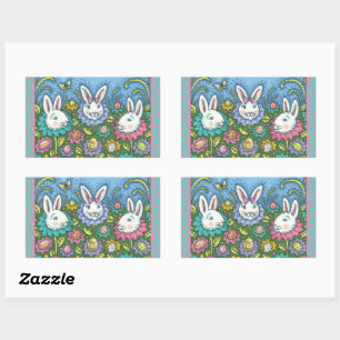 STICKER RECTANGULAIRE JARDIN D'OEUFS DE PÂQUES BLANCS, FLEURS DE RABBIT