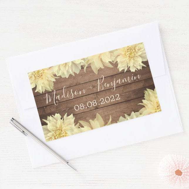 Sticker Rectangulaire Jaune Dahlia Fleur Russe Bois Mariage Date (Enveloppe)