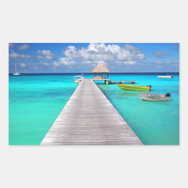 Sticker Rectangulaire Jetty avec des bateaux dans un lagon tropical (Devant)