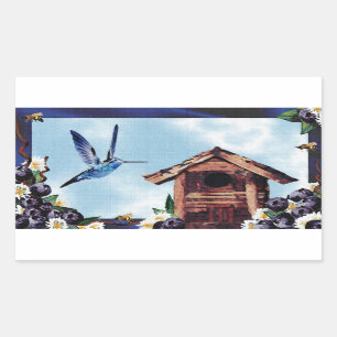 Sticker Rectangulaire Joli colibri, Birdhouse et bleuets