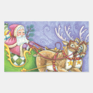Sticker Rectangulaire Joli Père Noël de dessin animé de Noël traîneau re