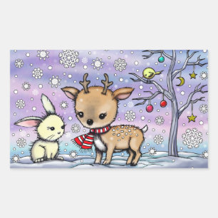 Sticker Rectangulaire Joli petit cerf et lapin illustrés