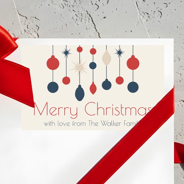 Sticker Rectangulaire Joli Retro Joyeux Noël Rouge Bleu Ornements (Créateur téléchargé)