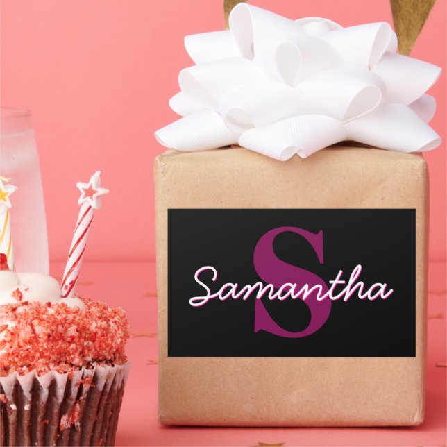 Sticker Rectangulaire Joli script de monogramme rose et noir personnalis (Fête)