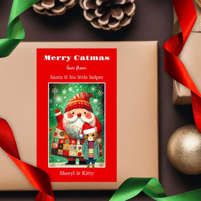Sticker Rectangulaire Jolie couleur gras Joyeux Noël (A cute Merry Christmas sticker featuring Santa with a kitty cat helper in festive bold colors)