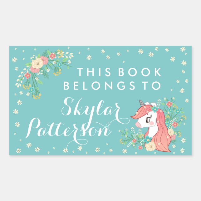 Sticker Rectangulaire Jolie Unicorne Florale Ce Livre Appartient À (Devant)