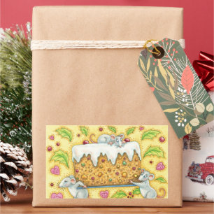 Sticker Rectangulaire Jolis souris de Noël portant un dessert de gâteau