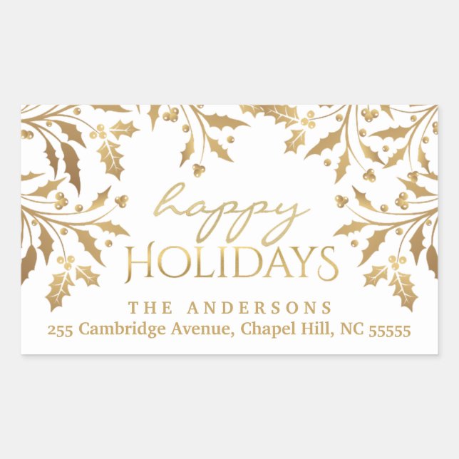 Sticker Rectangulaire Joyeuses vacances Noël Holly Garland Gold (Devant)