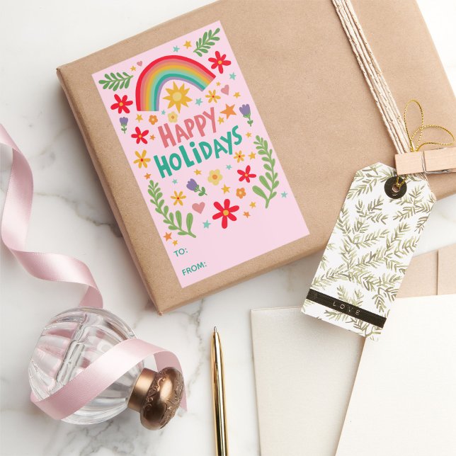 Sticker Rectangulaire Joyeuses Vacances Rainbow Cute à partir de (Happy Holidays Rainbow Cute CUSTOM TO FROM hand-drawn colorful Rectangular Sticker
)
