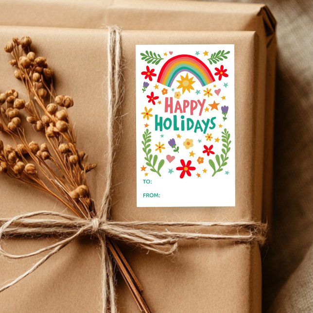 Sticker Rectangulaire Joyeuses Vacances Rainbow Cute à partir de (Happy Holidays Rainbow Cute CUSTOM TO FROM Rectangular Colorful Hand Drawn Sticker
)