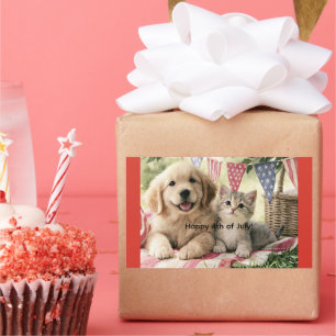 Sticker Rectangulaire Joyeux 4 juillet, joli chiot et chat tigré,