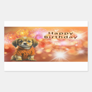 Sticker Rectangulaire Joyeux Anniversaire avec Chien et Feu d'Artifice
