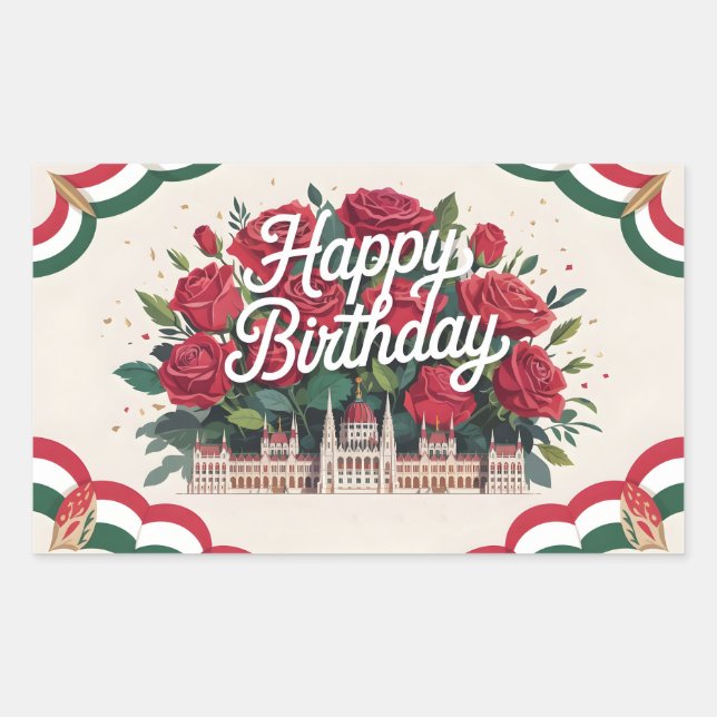 Sticker Rectangulaire Joyeux Anniversaire avec des Roses et le Parlement (Devant)
