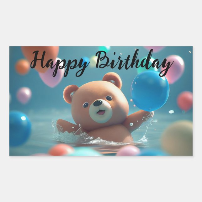 Sticker Rectangulaire Joyeux anniversaire avec ours en peluche et ballon (Devant)
