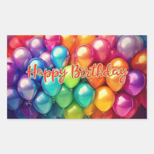 Sticker Rectangulaire Joyeux Anniversaire Ballons Arc-en-Ciel