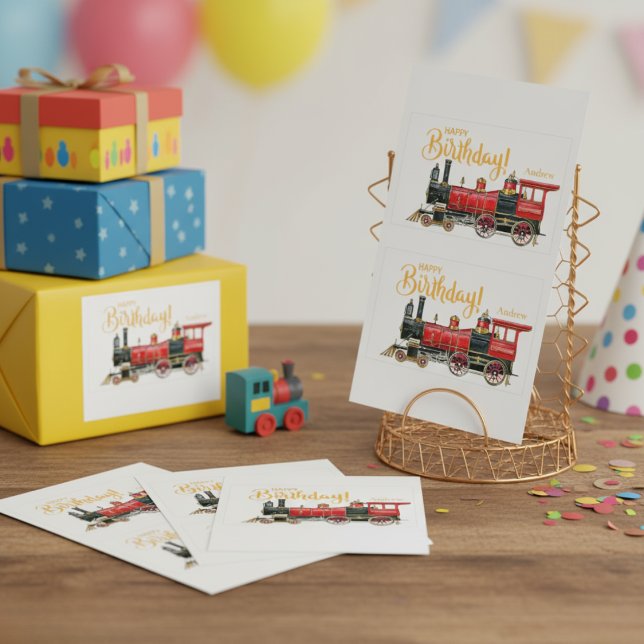 Sticker Rectangulaire Joyeux anniversaire du train rouge (Red Train Happy Birthday Rectangular Sticker)