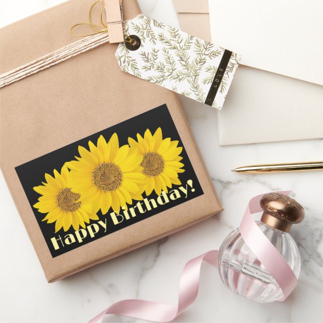 Sticker Rectangulaire Joyeux Anniversaire Jaune Fleurs de soleil Noir (Cadeaux)