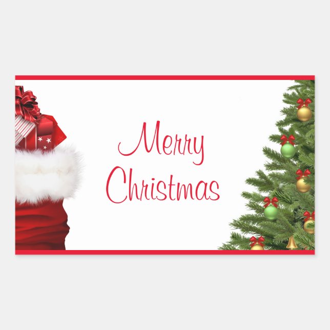 Sticker Rectangulaire Joyeux Arbre De Noël Et Cadeaux Modèle Élégant (Devant)