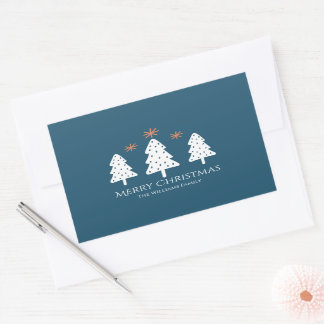 Sticker Rectangulaire Joyeux arbres de Noël et étoiles bleu