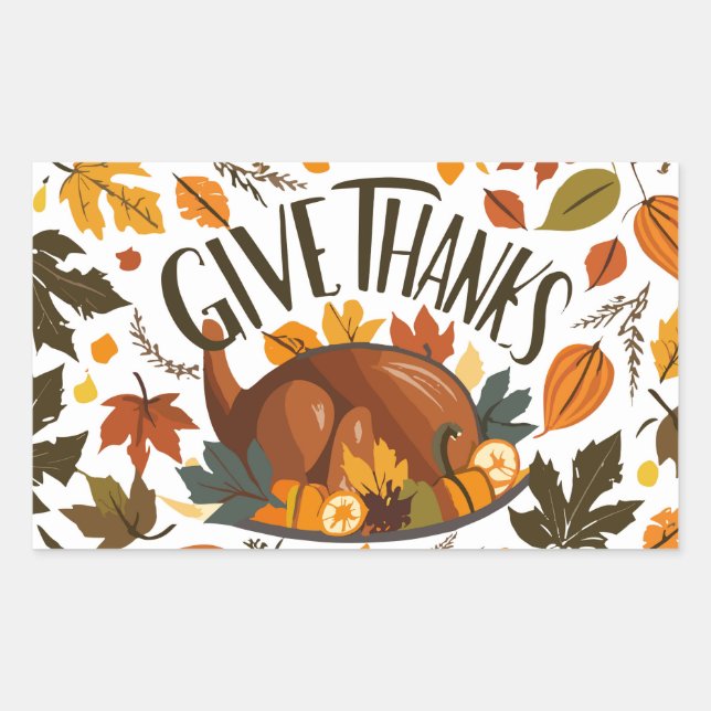 Sticker Rectangulaire Joyeux dîner de Thanksgiving avec dinde et feuilla (Devant)