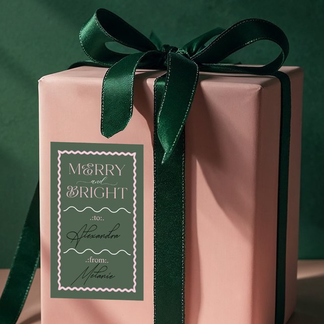 Sticker Rectangulaire Joyeux et lumineux vert moderne rétro Wavy à et de (Merry & Bright Modern Green Retro Wavy To & From Rectangular Sticker)