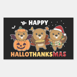 Sticker Rectangulaire Joyeux Hallothanksmas Beaver Christmas Beaver Squa