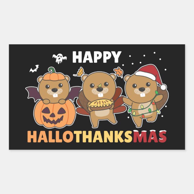 Sticker Rectangulaire Joyeux Hallothanksmas Beaver Christmas Beaver Squa (Devant)