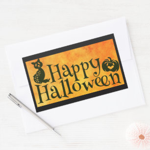 Sticker Rectangulaire Joyeux Halloween Message Orange et Noir 