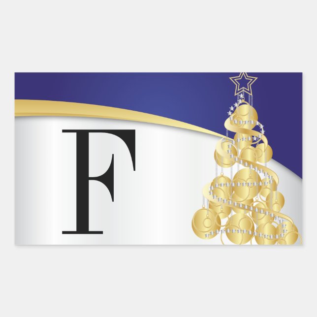 Sticker Rectangulaire Joyeux Monogramme de Noël Bleu et Or (Devant)