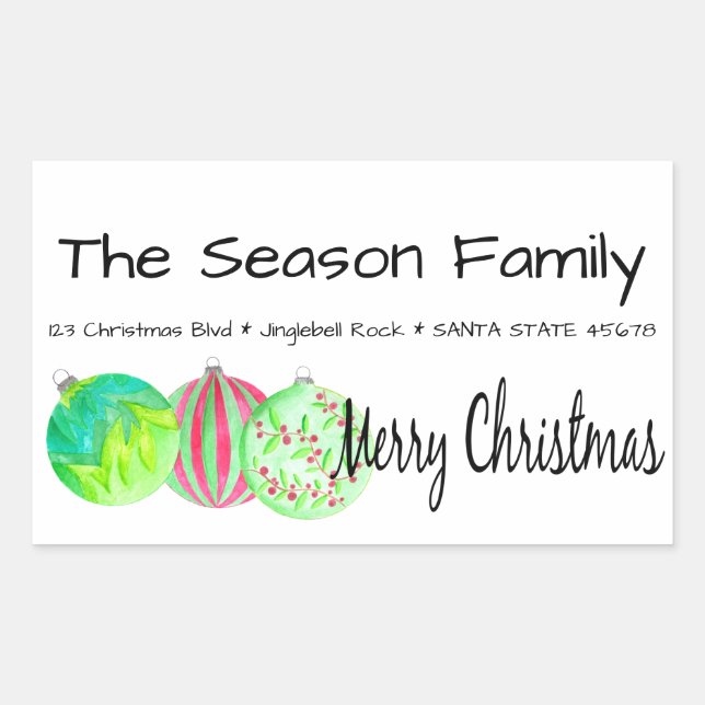 Sticker Rectangulaire Joyeux Noël Baubles de Noël aquarelle (Devant)