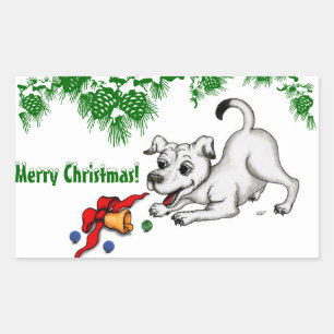 Sticker Rectangulaire Joyeux Noël ! Chiot avec Bell et Ball
