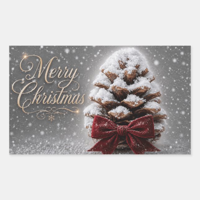 Sticker Rectangulaire Joyeux Noël Cône de Pin Recouvert de Neige (Devant)