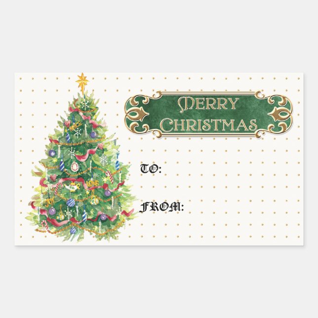 Sticker Rectangulaire Joyeux Noël décoré Arbre Star Gold Swirl (Devant)