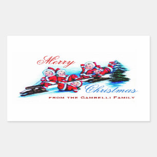 Sticker Rectangulaire Joyeux Noël - elfes vintages Sledding dans la