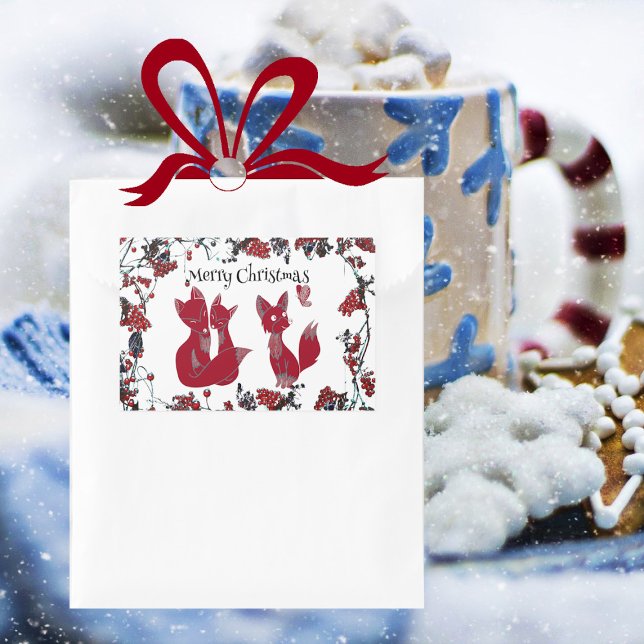 Sticker Rectangulaire Joyeux Noël Famille de renards rouges décoratifs N (Merry Christmas Decorative Red Fox Family Nordic Rectangular Sticker)