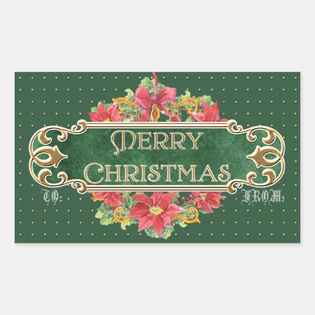 Sticker Rectangulaire Joyeux Noël Gold Swirl Poinsettia Wreath Jewel (Devant)