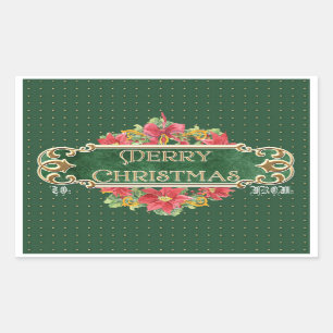 Sticker Rectangulaire Joyeux Noël Gold Swirl Poinsettia Wreath Jewel