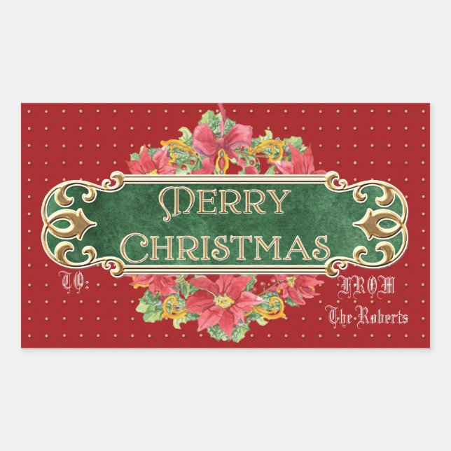 Sticker Rectangulaire Joyeux Noël Gold Swirl Poinsettia Wreath Jewel (Devant)