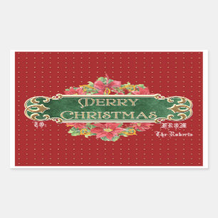 Sticker Rectangulaire Joyeux Noël Gold Swirl Poinsettia Wreath Jewel