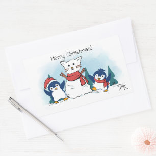 Sticker Rectangulaire Joyeux Noël Manchots construisant un chat de neige