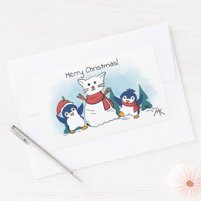 Sticker Rectangulaire Joyeux Noël Manchots construisant un chat de neige (Enveloppe)