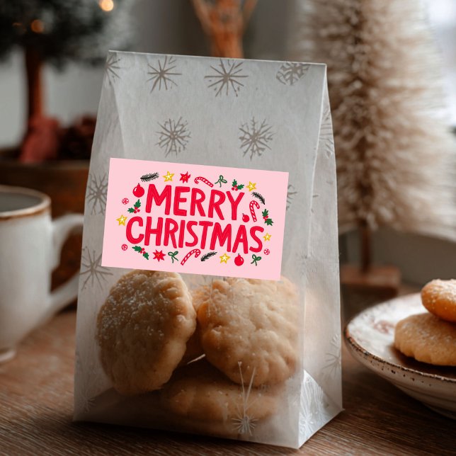 Sticker Rectangulaire Joyeux Noël mignon dessin main (Merry Christmas Cute Hand-Drawn CUSTOM Rectangular Large Pink Holiday Sticker
)