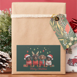 Sticker Rectangulaire Joyeux Noël Santa Renne Dachshund Saucisse 