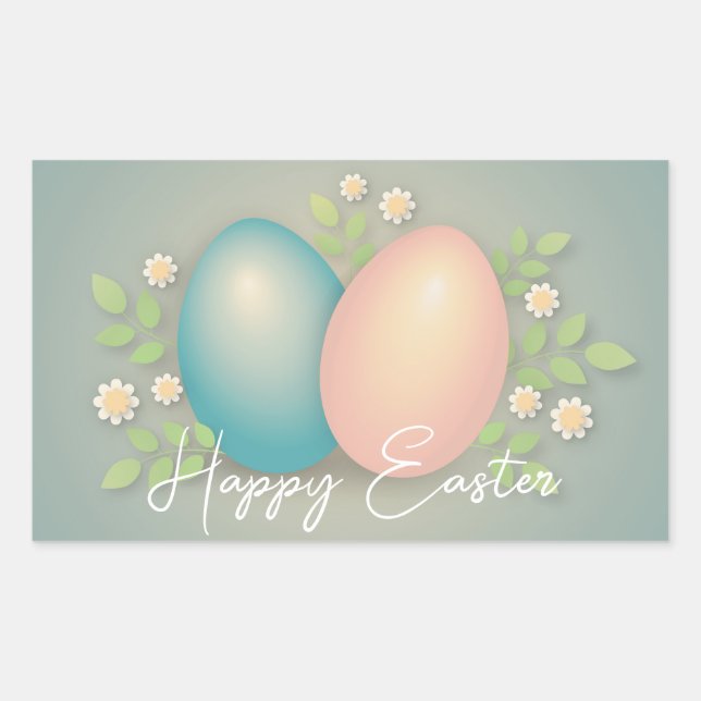 Sticker Rectangulaire Joyeux oeufs de Pâques et fleurs de printemps bleu (Devant)