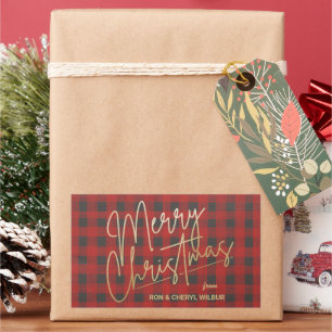Sticker Rectangulaire Joyeux or Noël Rouge Buffle Plaid