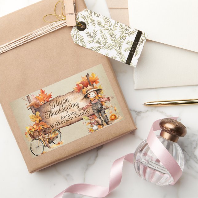 Sticker Rectangulaire Joyeux Thanksgiving Bois Signe & Scène d'Automne (Cadeaux)