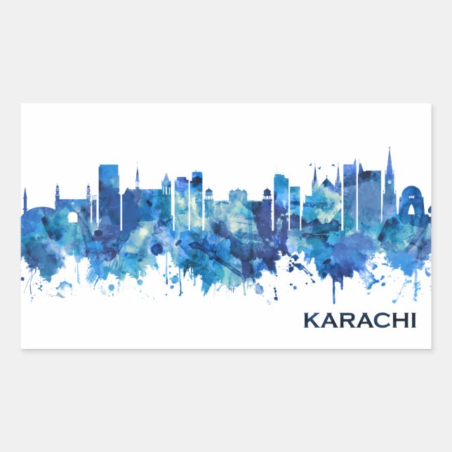 Sticker Rectangulaire Karachi Pakistan Skyline Blue (Devant)